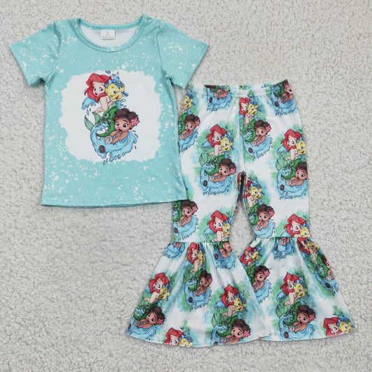 GSPO0393 girl summer short sleeve t-shirt and elastic waist bell pants suit