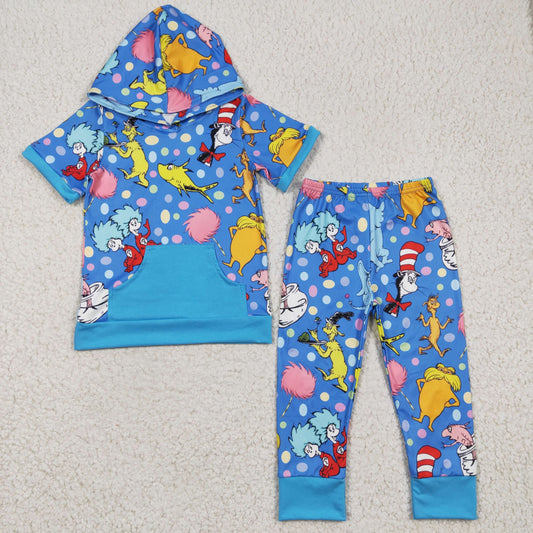 BSPO0068 boy blue short sleeve hooded and elastic waist pants outfit