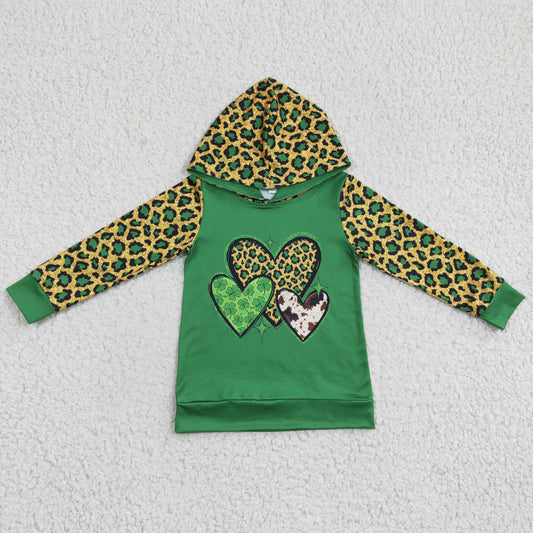 GT0074 kids green leopard heart pattern long sleeve hoodie