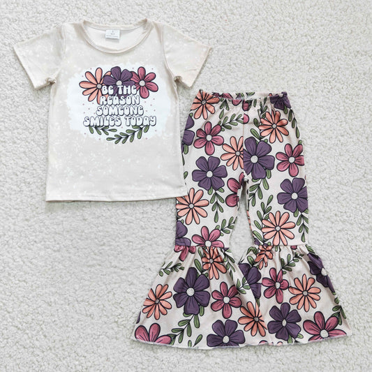 GSPO0348 summer girl short sleeve letter design top and flowers pattern bell pants outfit