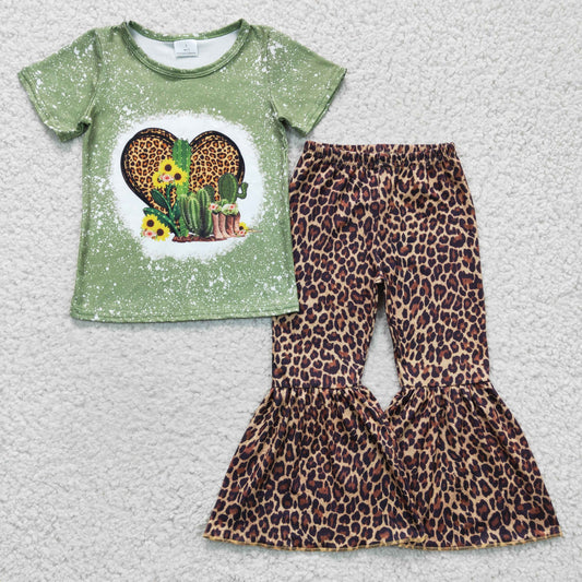 GSPO0323 girl green short sleeve cactus and sunlowers t-shirt match leopard bell pants