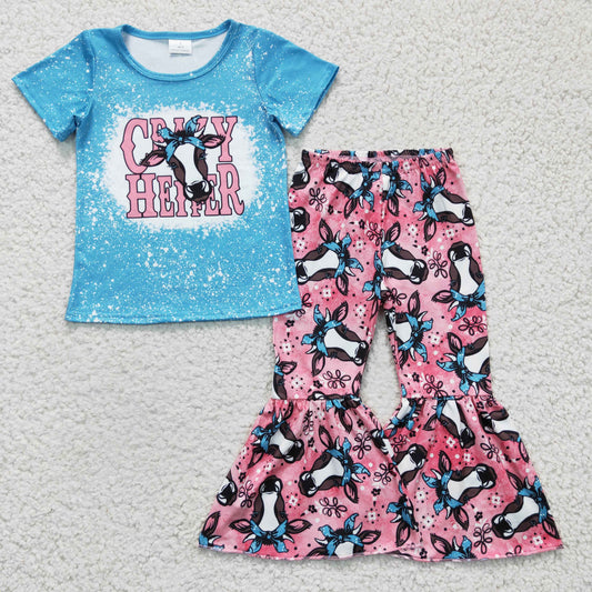 GSPO0415 girl blue short sleeve top and milk cow print bell pants 2pieces set