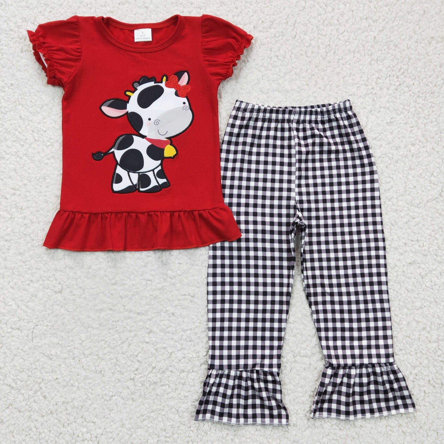 GSPO0342 girl red cotton puff sleeve top with milk cow embroidery match plaid ruffle pants