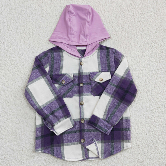 GT0150 kids high quality fannel purple hooded plaid shirt with pockets