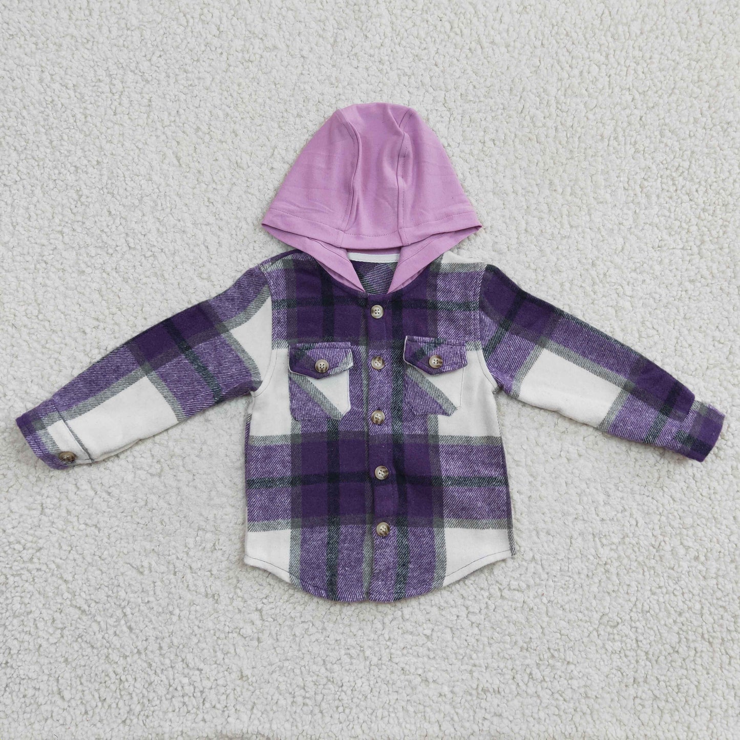 GT0150 kids high quality fannel purple hooded plaid shirt with pockets