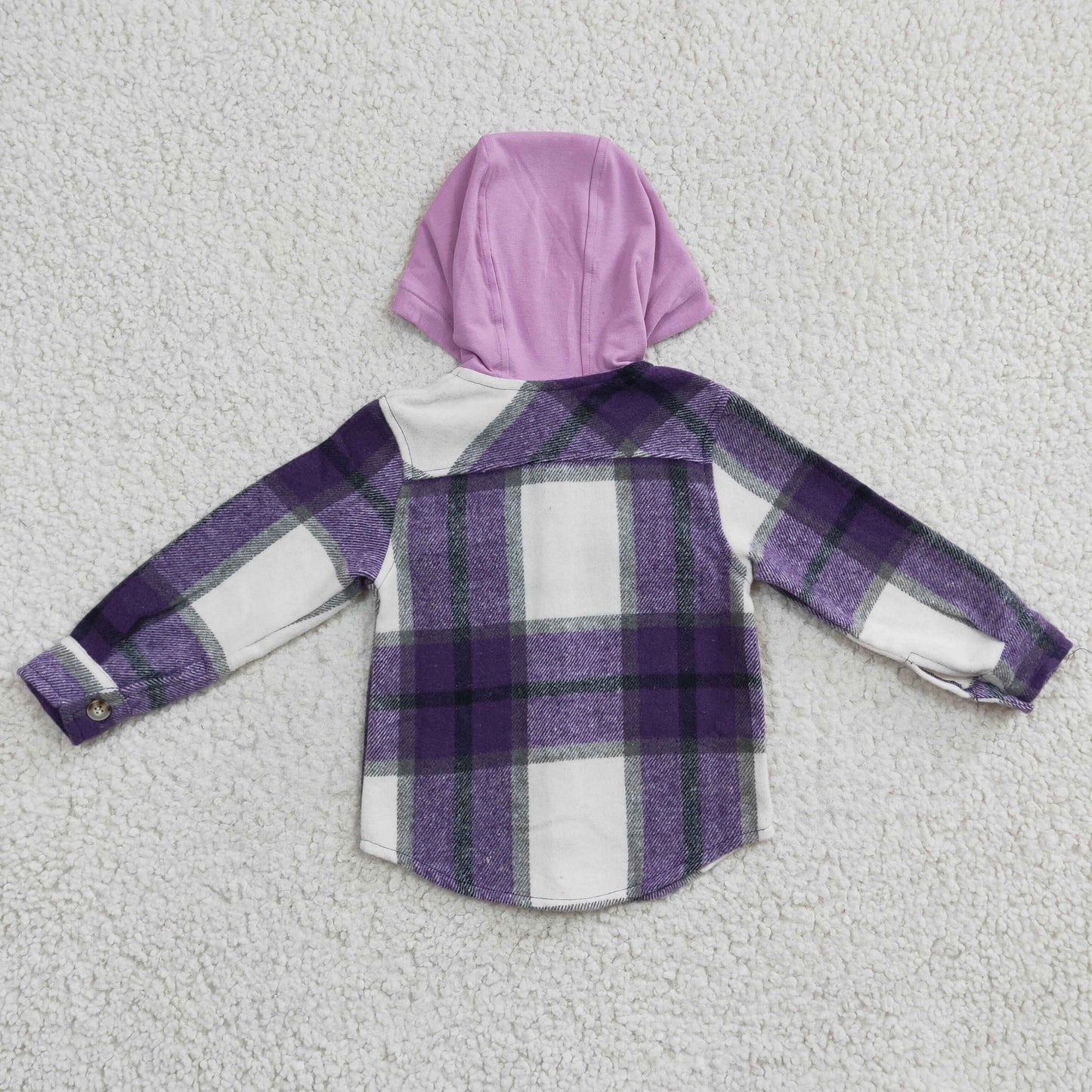 GT0150 kids high quality fannel purple hooded plaid shirt with pockets