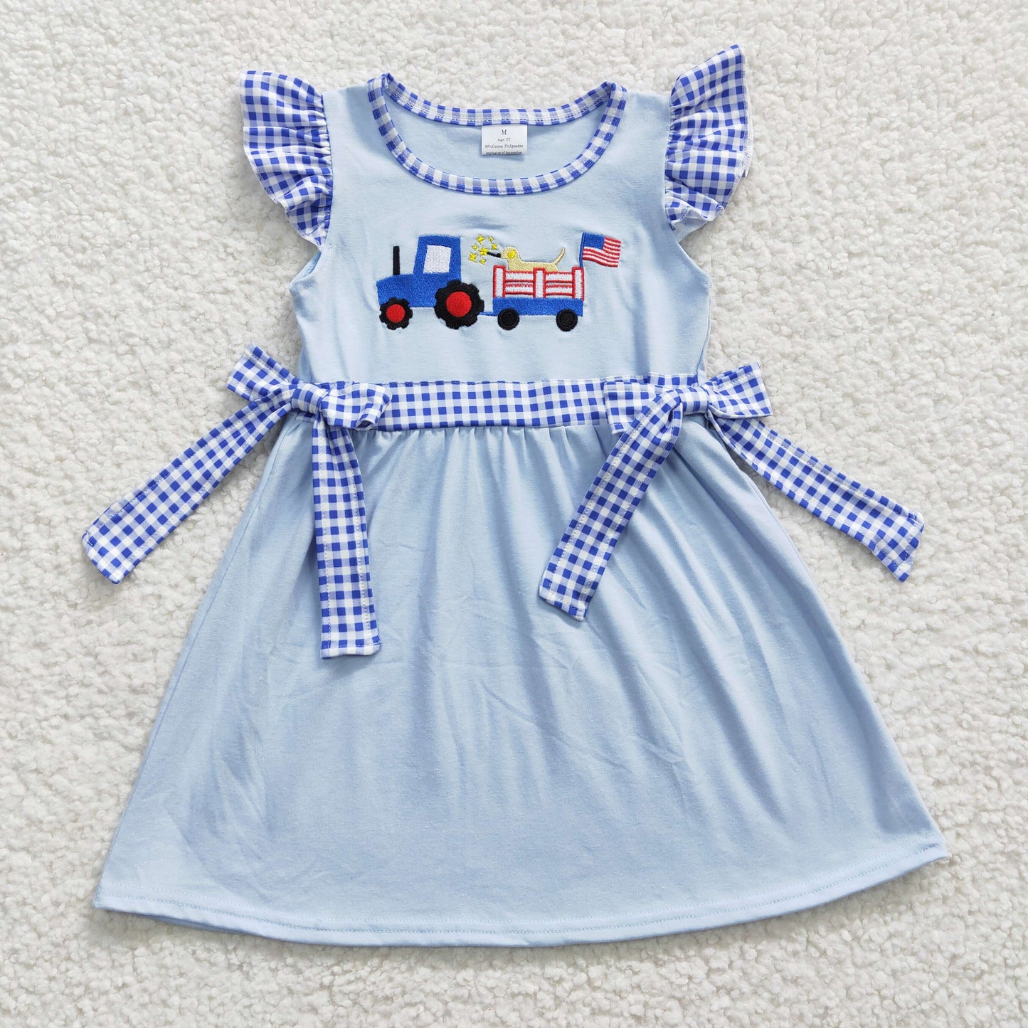 GSD0279 National Day Embroidered Car Dog Blue Dress with Flying Sleeves