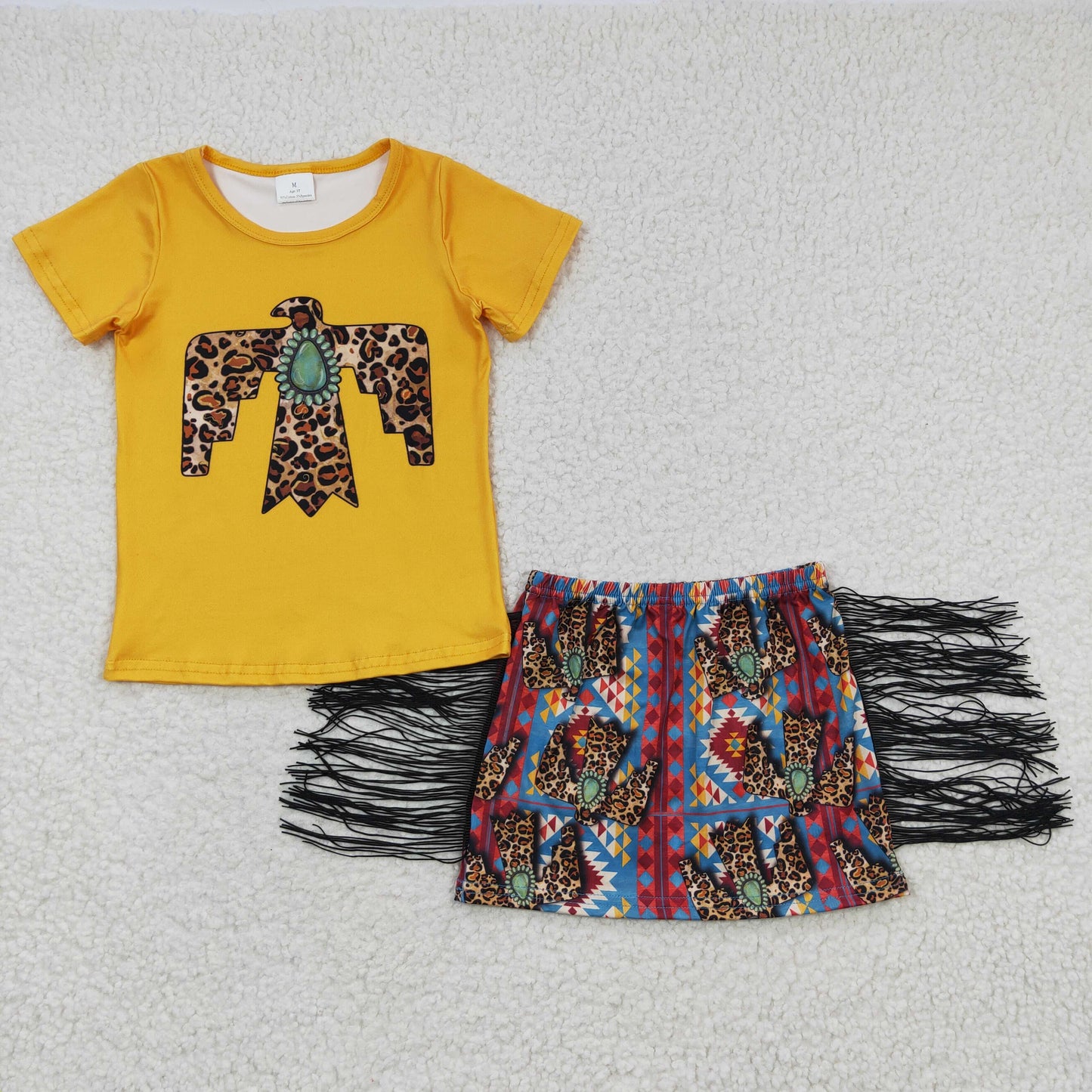 GSD0287 Girls Leopard Gem Eagle Short Sleeve Tassel Shorts Set