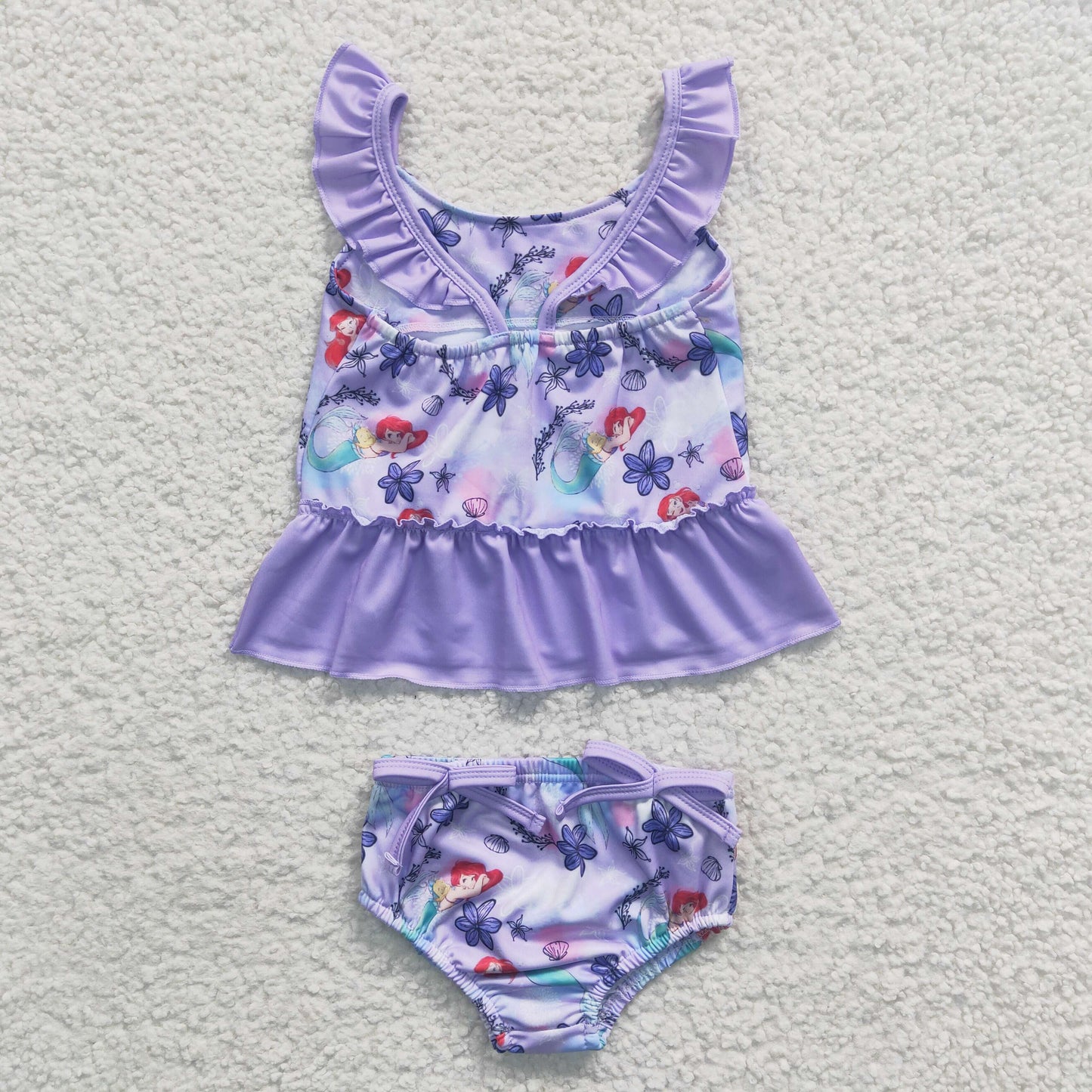 S0037 Girls Mermaid Purple Flower Swimsuit Set