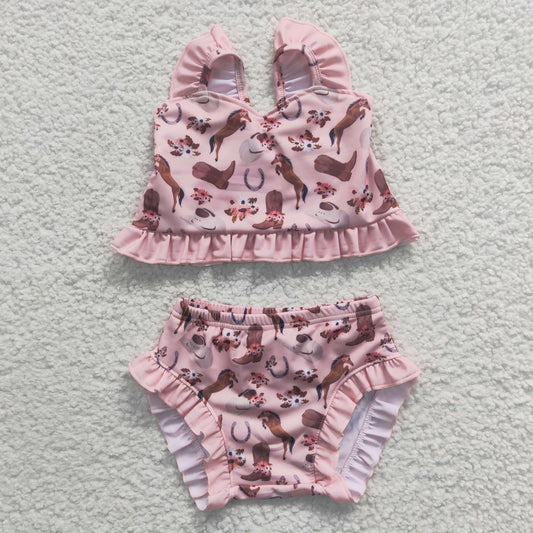 S0107 Boots Hat Horse Pink Swimsuit Set