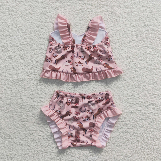 S0107 Boots Hat Horse Pink Swimsuit Set