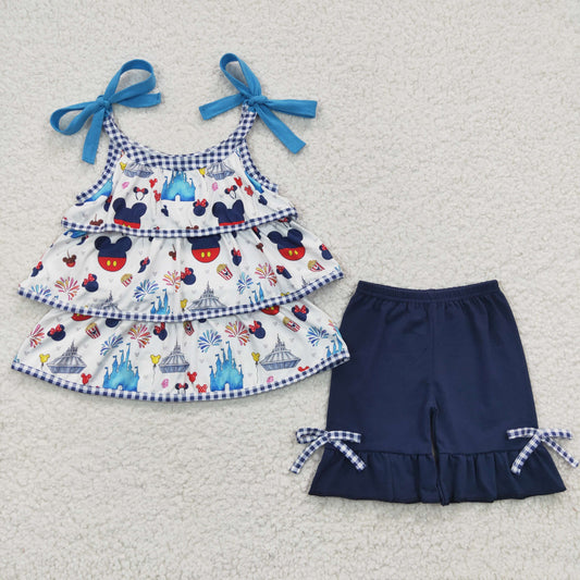 GSSO0218 Girls navy blue suspenders shorts set