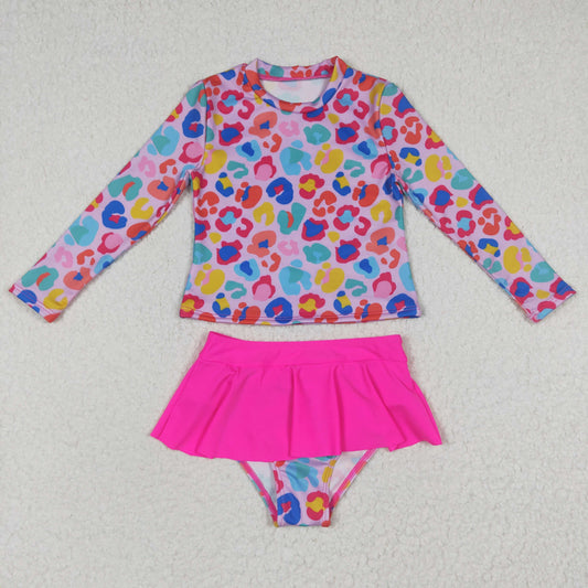 S0062 Colorful Leopard Long Sleeve Swimsuit Set