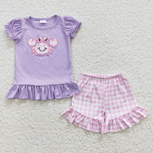 GSSO0135 Girls Embroidered Pink Crab Purple Short Sleeve Shorts Set