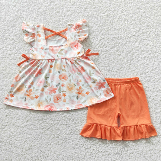 GSSO0235 Girls Embroidered mamas girl orange fly sleeve shorts set