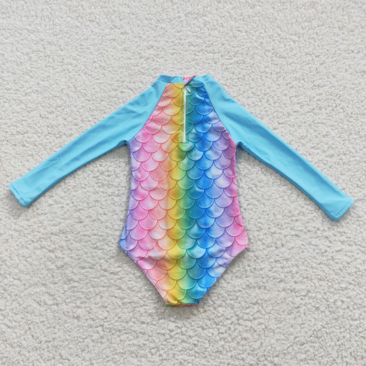 S0075 Multicolored Scale Blue Long Sleeve One-Piece Swimsuit