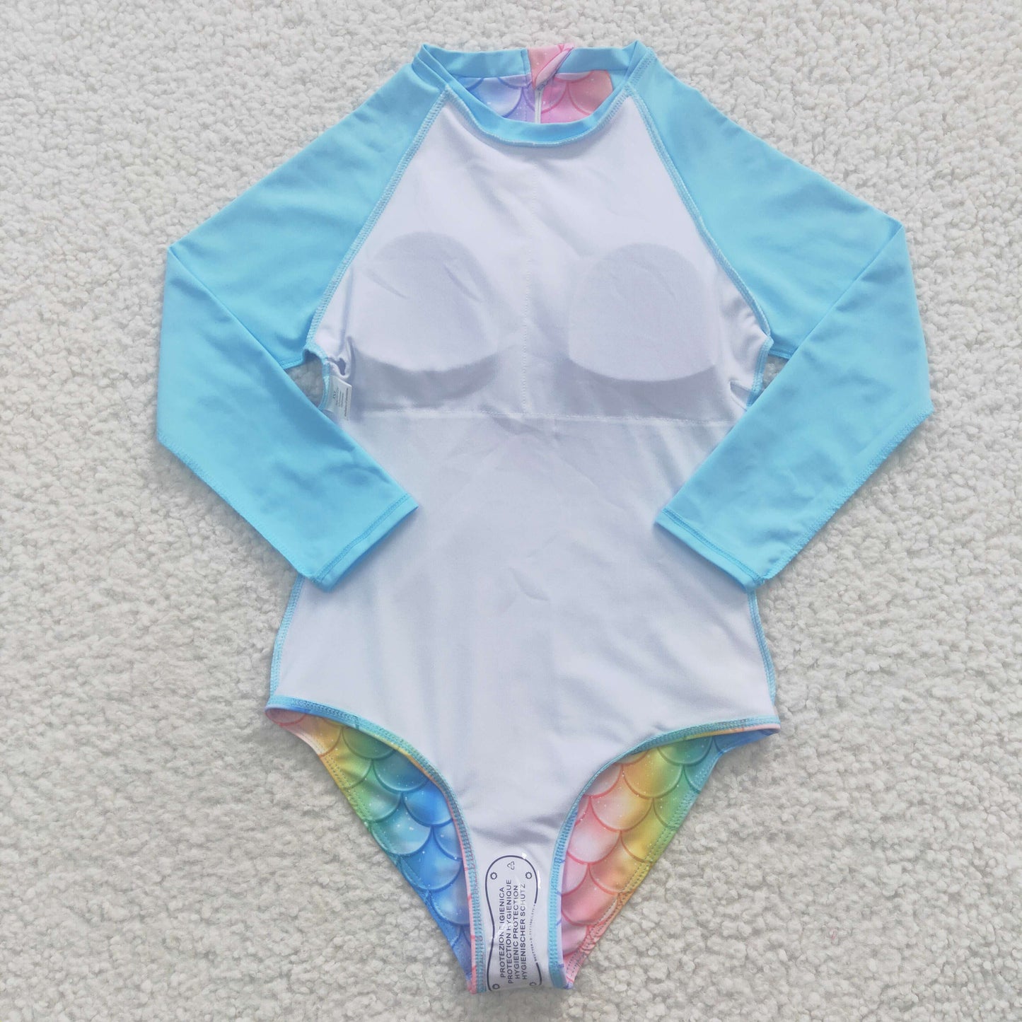 S0075 Multicolored Scale Blue Long Sleeve One-Piece Swimsuit