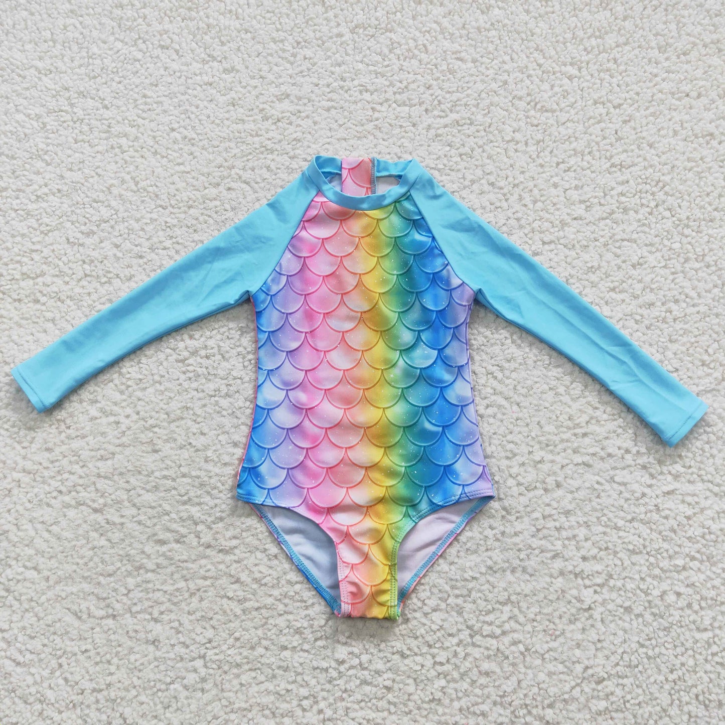 S0075 Multicolored Scale Blue Long Sleeve One-Piece Swimsuit