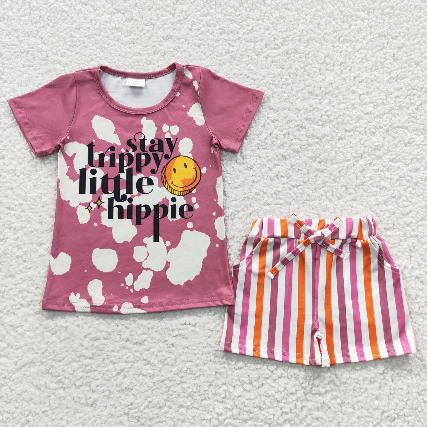 GSSO0314 Summer Girls Pink Short Sleeve Colorful Stripe Shorts Set western boutique outfit for baby girls clothes two-pieces set