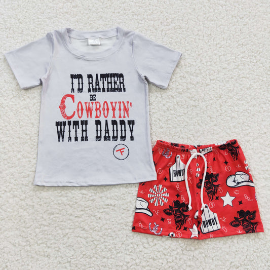 BSSO0243 Summer Boys Hat Cow Gray Short Sleeve Red Shorts Set 2-pieces set for baby boys clothes casual clothing two-pieces set